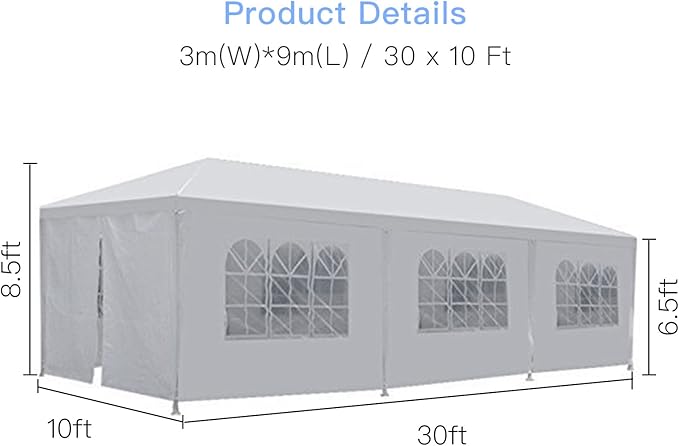 10’x30’Outdoor Canopy Party Event Wedding Tent with 8 Removable Sidewall 3 Rooms,Upgraded Stainless Steel Tube Waterproof Sun Shelter Canopy for Shows,Camping Etc (10’x30’-8)