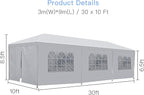 10’x30’Outdoor Canopy Party Event Wedding Tent with 8 Removable Sidewall 3 Rooms,Upgraded Stainless Steel Tube Waterproof Sun Shelter Canopy for Shows,Camping Etc (10’x30’-8)