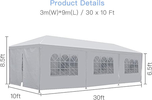 10’x30’Outdoor Canopy Party Event Wedding Tent with 8 Removable Sidewall 3 Rooms,Upgraded Stainless Steel Tube Waterproof Sun Shelter Canopy for Shows,Camping Etc (10’x30’-8)