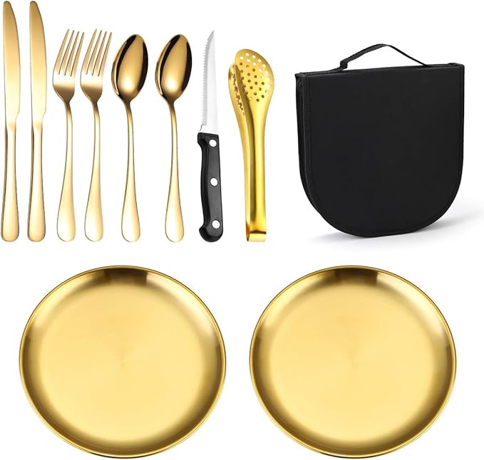 Silverware Flatware Cutlery Set, Outdoor Camping Stainless Steel Table Knife, Fork, Spoon, Plate, Food Clip, Portable Tableware Bag Set.Gold-8Set (Gold 8Set)