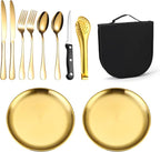 Flatware Cutlery Set, Outdoor Camping Stainless Steel Table Knife, Fork, Spoon, Plate, Food Clip, Portable Tableware Bag Set.Gold-8Set,Gold-10Set