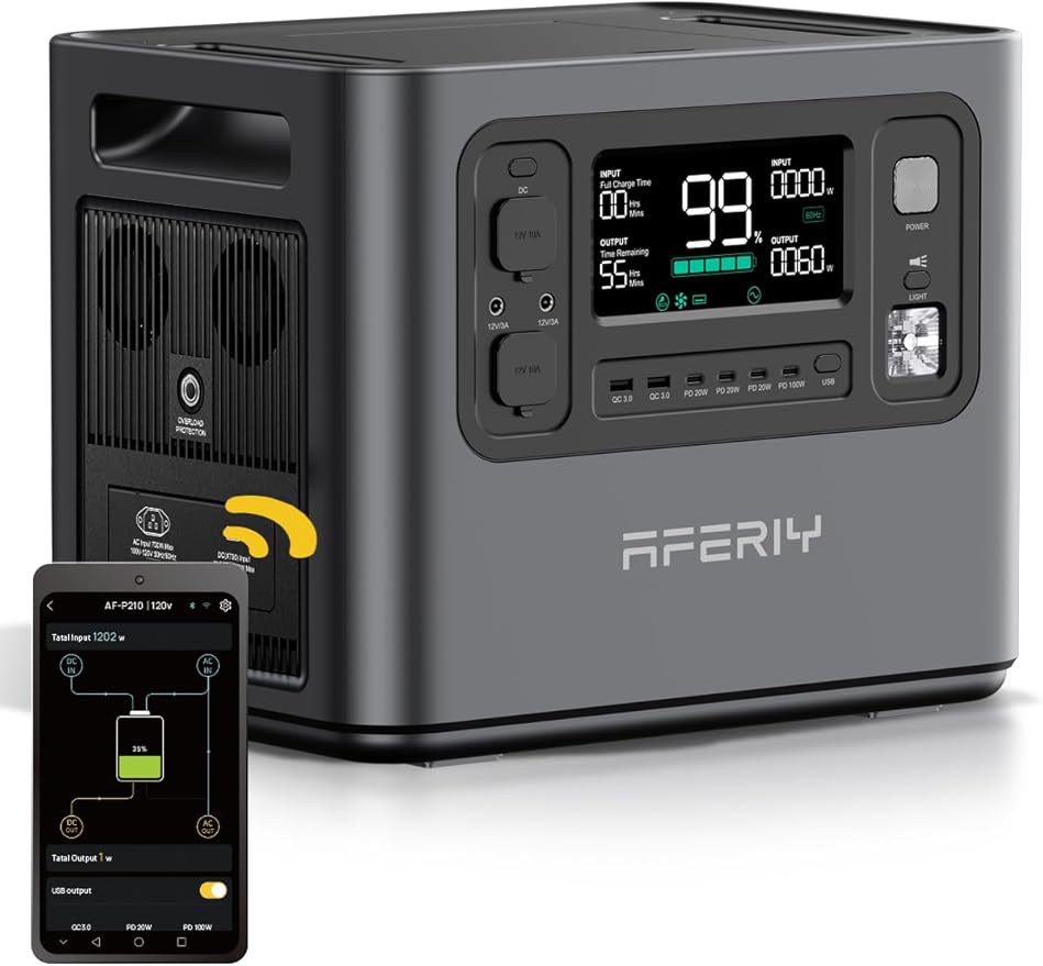 AFERIY P210 Portable Power Station 2400W (Peak 4800W),2048Wh LiFePO4 Battery Generator,AC Fast Charging, 12V/25A XT60 DC output port,UPS Power Outages,Home Backup,Camping(Solar Panel Optional)