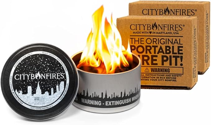 City Bonfires Portable Fire Pit - Mini Fire Pit, Table Top Firepit, No Wood, No Embers, 3-5 Hours of Burn Time - Food Safe for Smores - Lightweight, Emergency Heat, Camping Stove (2-Pack)