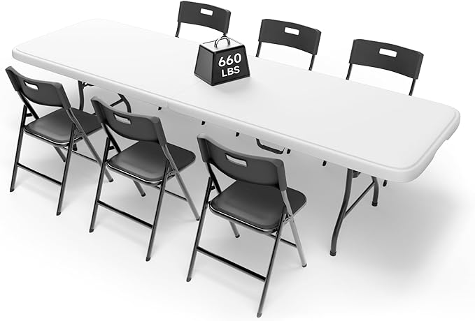 8FT Folding Table Set with 6 Chairs – Heavy-Duty 660 lb Table & 330 lb Chairs, Portable Folding Furniture Bundle for Camping, Parties, Indoor & Outdoor Use