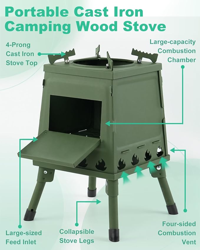 Portable Wood Burning Stove - Lightweight Cast Iron Camp Stove for Backpacking，Portable and Easy-To-Assemble Backpacking Camping Stove Kit (Green, Small)