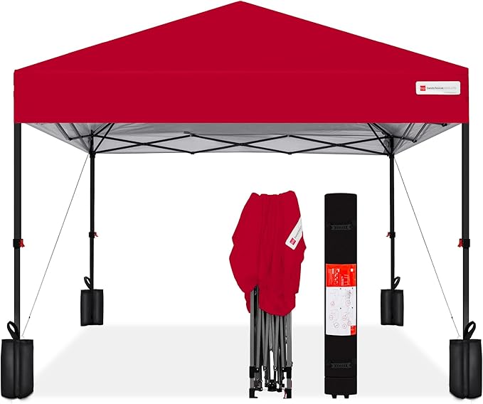 Best Choice Products 10x10ft Pop Up Canopy Tent, Outdoor Shade, 1 Person 1 Minute Set Up, Carry Case, 4 Weight Bags - Red