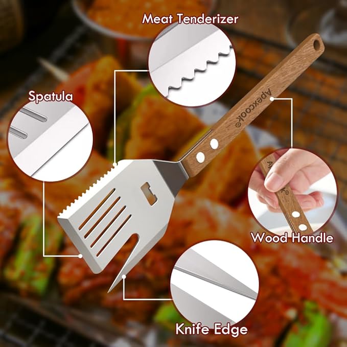 5-in-1 Multifunctional Grill Spatula - Heavy Duty Stainless Steel BBQ Tool with Bottle Opener, Meat Tenderizer & 15.7" Wood Handle for Outdoor Grilling, Camping, Backyard BBQ