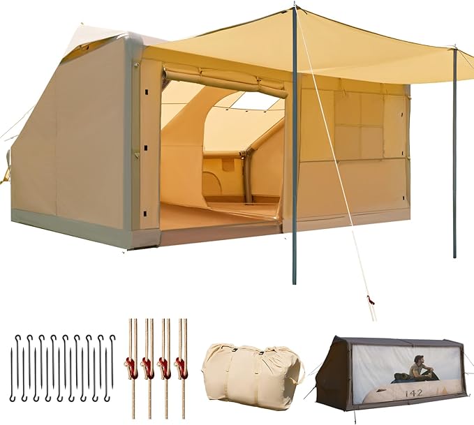 YOLENY Inflatable Tents for Camping, 6-12 Person Blow Up Tent with TPU Skylight, Canopy, Mesh Windows, Stove Jack & Pump, 4 Season Large Inflatable Tent, Waterproof & Windproof