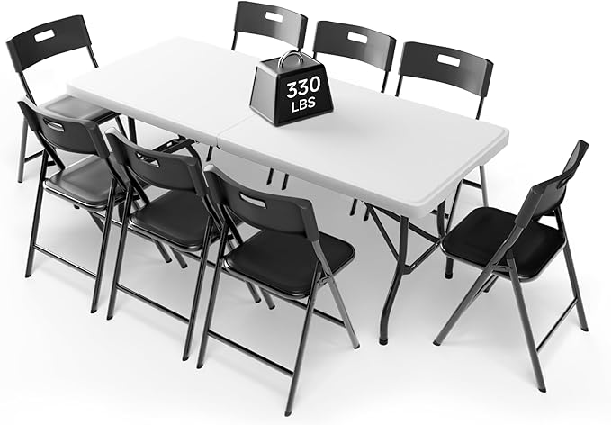 6FT Folding Table Set with 8 Folding Chairs, Heavy Duty 330 lbs Table & 330 lbs Chairs, Portable Folding Furniture Bundle for Camping, Party, Indoor & Outdoor Use