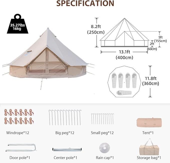 Oxford Bell Tent for Family Camping - Spacious 13.1ft /16.4ft Yurt with Stove Jack, Large Glamping Tents for 4-8 People, 4 Season Oxford Hot Tent Shelter