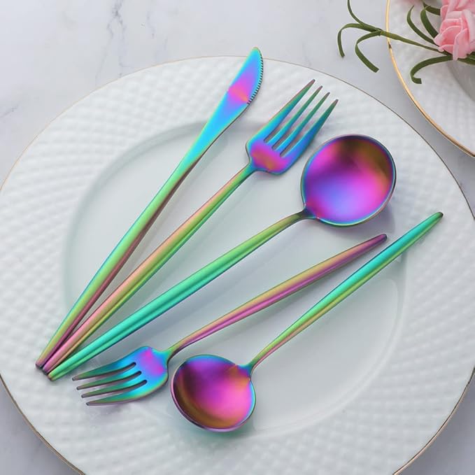 Dinner Plates Set with knife, fork，spoon,Stainless steel tableware，colourful metal dessert salad and steak plate, Services for 4,dinner camping, unbreakable & reusable (11.8inch)