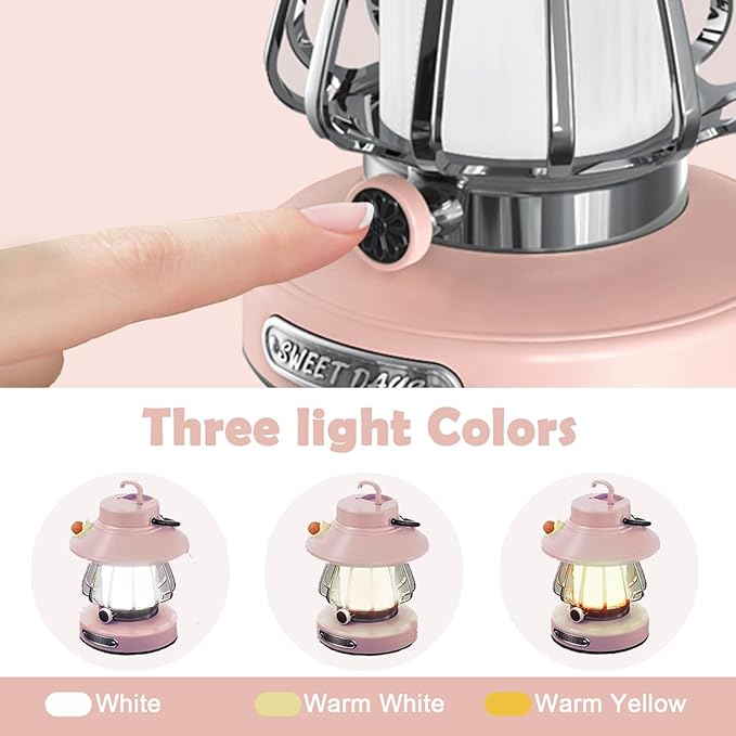 Kids Lantern with 3 Color Light & USB-C Rechargeable, Dimmable Camping Night Light for Children, Safe & Durable ABS Plastic Toddler Flashlight for Bedroom, Tent, Emergency (Pink)