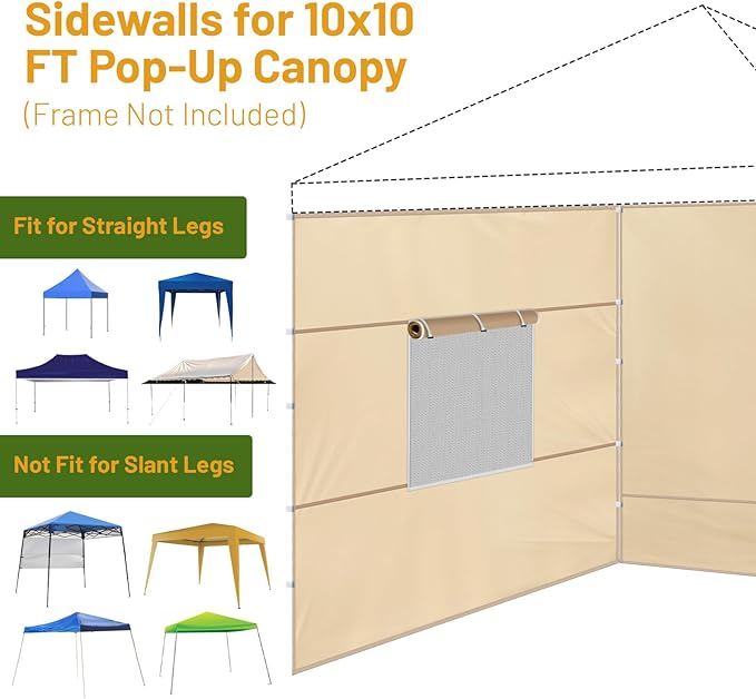 3 Pcs 10x10 Canopy Sidewalls with Roll-up Windows for 10x10 Pop Up Canopy Straight Leg Outdoor Instant Canopy Sidewall Waterproof & UV Protected for Outdoor Event Tents, 3 Sidewalls Only, Beige