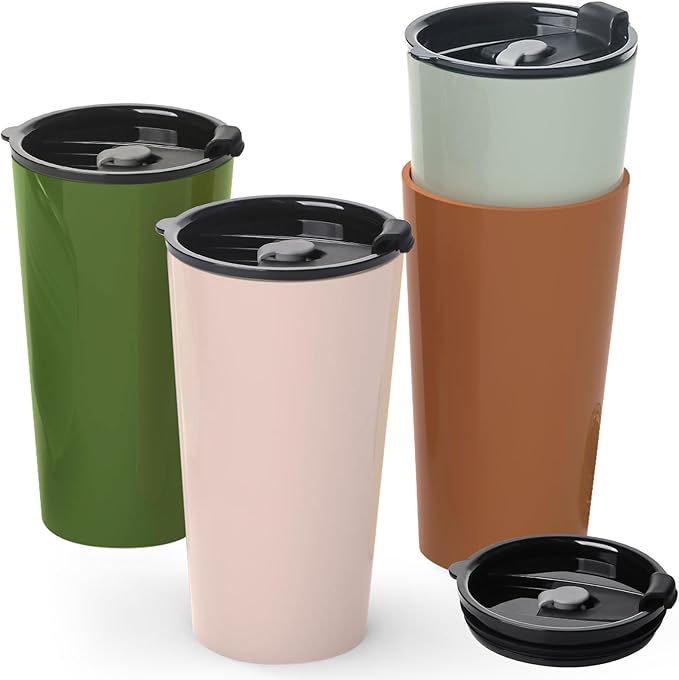 4 Pack Plastic Travel Coffee Mug Set, 20 oz Spill Proof Drinking Cups with Lids, Pobtable to Go Camping Coffee Tumbler Reusable Coffee Mugs with Lids, Dishwasher & Microwave Safe