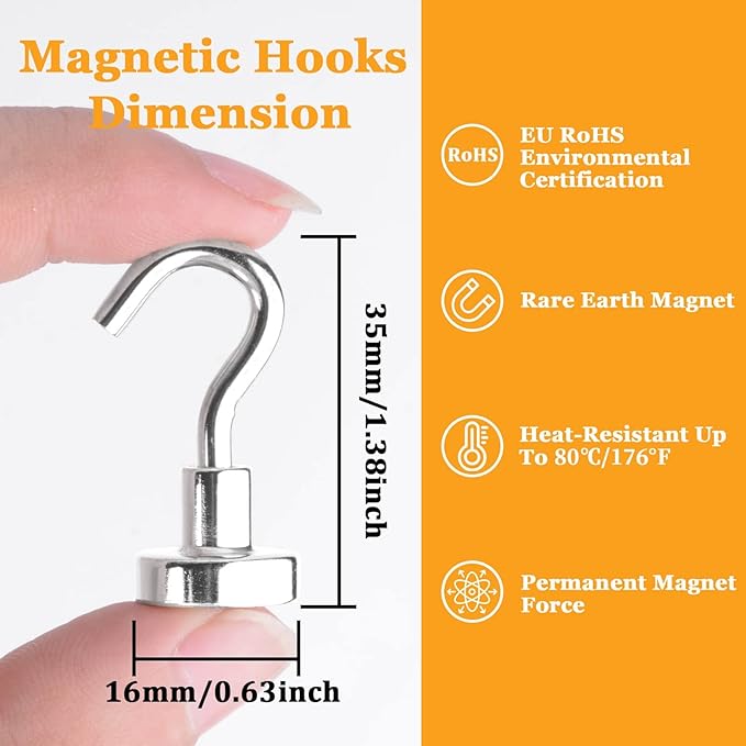 MIN CI 68Pack Super Strong Magnetic Hooks, 25lbs Heavy Duty Magnetic Hook for Hanging, Rare Earth Neodymium Magnet Hooks, for Cruise Ship Camping Grill Kitchen Fridge Garage Wall
