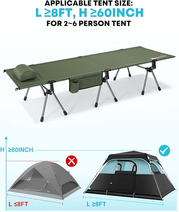 Gonex 31.5" Extra Wide Camping Cot with Leg Extenders 2 in 1 Portable Folding Cot for Adults Height Adjustable Supports 350lbs Sleeping Bed for Backpacking Travel Beach Home (Army Green)