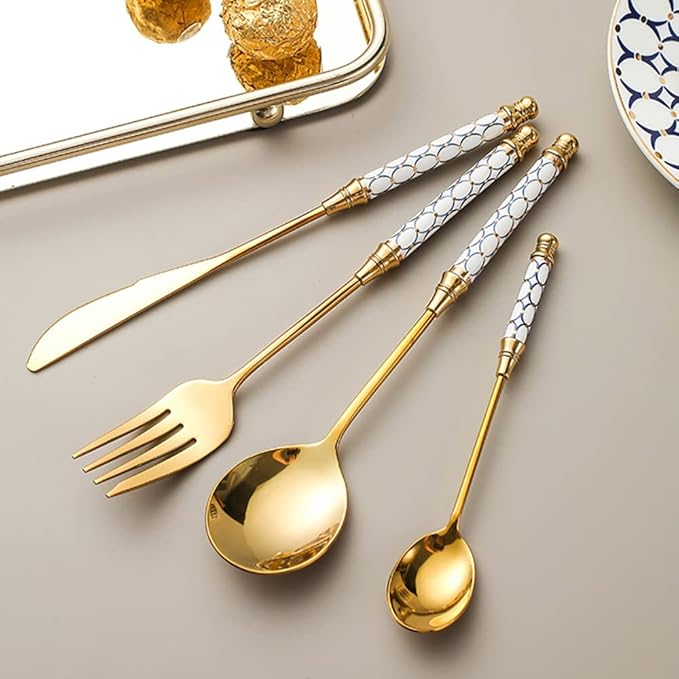 Luxury 8 Pieces Silverware Set for 2, Modern Unique Stainless Steel Gold Flatware Cutlery Set, Eating Tableware Utensils for Home Restaurant Wedding Party