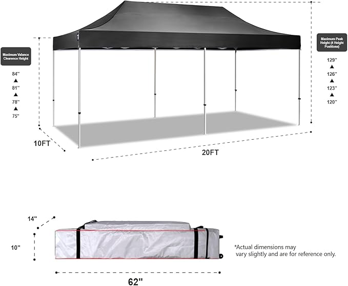 AMERICAN PHOENIX 10x20 Pop Up Canopy Tent Heavy Duty Commercial Shelter for Party, Outdoor Events and Patio Portable Instant Market Gazebo with Roller Bag, Camping Tarp, 4 Ropes and 4 Stakes (Black)