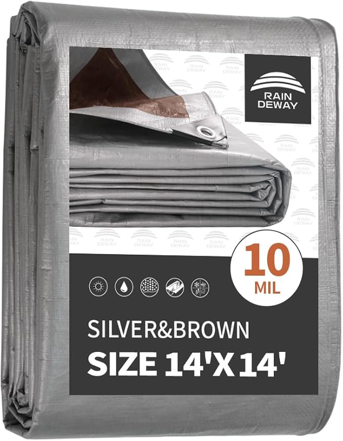 RAINDEWAY Tarps Heavy Duty Waterproof 14x14 Feet,10Mil Thick Multipurpose Poly Tarp Cover with Metal Grommets and Reinforced Edges,Silver/Brown Tarp