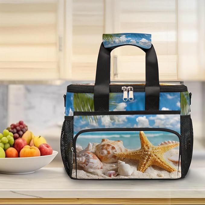 Beach Ocean Starfish Seashells Soft Cooler Bag Insulated Lunch Box for Men & Women, Large Leakproof Lunch Bag Portable Beach Cooler for Work, Picnic, Road Trips,Fishing, Travel, Camping,A-5