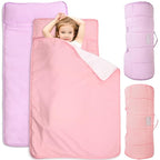 2 Pack Toddler Nap Mat with Fleece Blanket, Extra Large Kids Sleeping Bag for Preschool Daycare, Portable Travel Camping Nap mats Machine Washable Pink and Violet