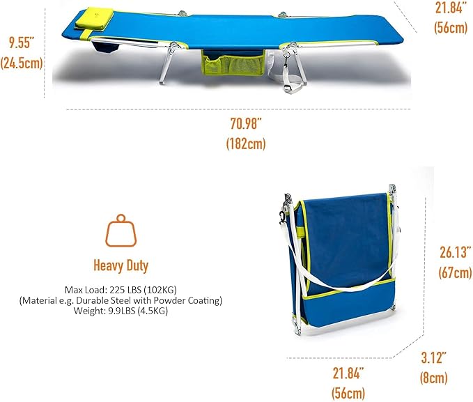 daystar SunnyFeel Beach Lounge Chair 180-degree Reclining & Lay Flat, Portable Folding Camping Chairs with Padded Comfy Pillow for Camp/Lawn/Outdoor/Travel/Picnic, Beach Camping Cot