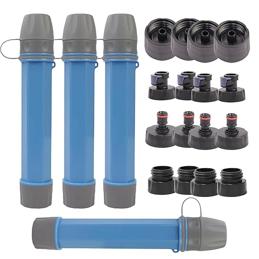 4 Pack Survival Water Filter Straw for Hiking & Camping, 2025 Personal Portable Water Purifier, 3000L Long Life, Includes Bottle & Hydration Bladder Adapters (4, Sky Blue, 3x3x19.3cm)