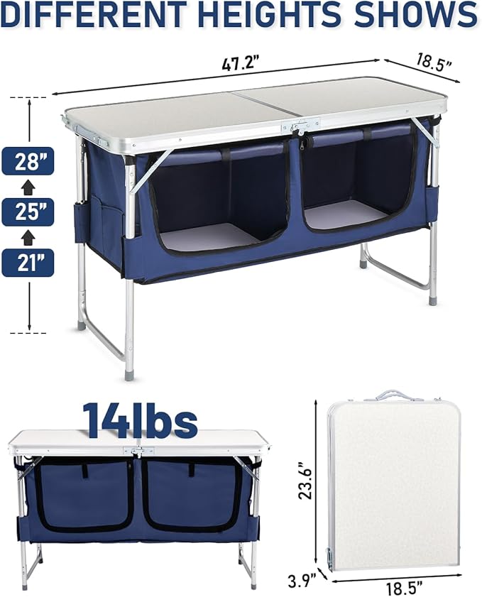 Outvita Folding Table, 4FT Aluminum Camping Table with Large Storage Space and Adjustable Height Picnic Table Lightweight for Carring Outdoor Party Events Beach
