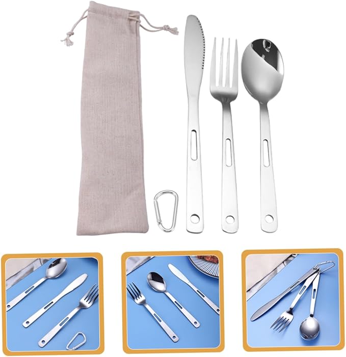Yardwe 2sets Portable Camping Cutlery Stainless Steel Outdoor Tableware Fork Spoon Cutter Carrying Bag for Bbq Picnic Hiking and Camping Activities