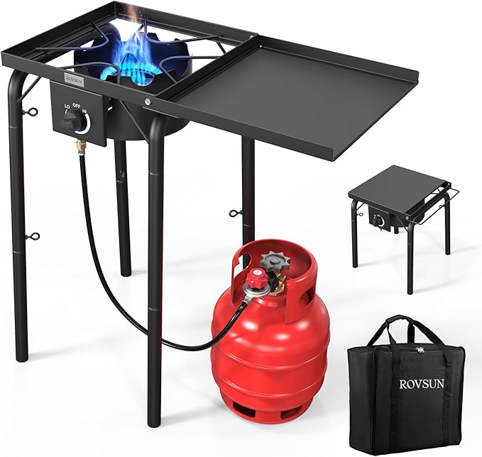 ROVSUN Single Burner Propane Gas Stove with Side Shelf & Carrying Bag, 100,000 BTU Portable Stove with Removable Legs & Regulator for Camping Home Backyard Cooking Brewing Canning Turkey Frying