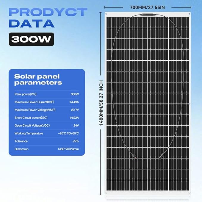 300W Flexible Solar Panel 23.5% High Efficiency 300 Watt Solar Panels Monocrystalline IP68 Waterproof Lightweight Bendable for RV, Camping, Boat, Roof Off-Grid (300w*2)