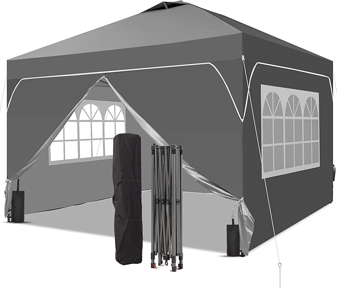 GDY 8x8FT Pop Up Canopy Tent with One Push Setup, Easy to Install with 4-Sidewalls for Events, Parties, Camping, Outdoor Gazebo with 4-Sandbags, Grey.