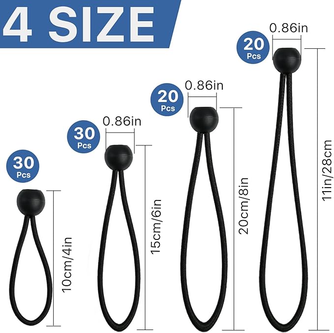 100 Pcs Bungee Cords with Ball, Small Bungee Cords Assorted Sizes with 4, 6, 8, 11 Inch, Heavy Duty UV Resistant Shock Cords, Elastic String Ties for Camping, Tent, Tarp and Canopy Shelter