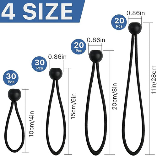 100 Pcs Bungee Cords with Ball, Small Bungee Cords Assorted Sizes with 4, 6, 8, 11 Inch, Heavy Duty UV Resistant Shock Cords, Elastic String Ties for Camping, Tent, Tarp and Canopy Shelter