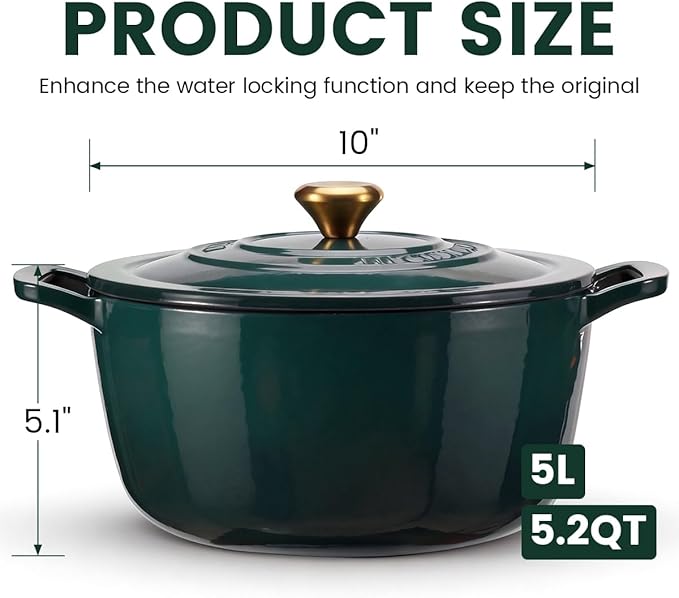 Enameled Cast Iron Dutch Oven with Lid – 5QT Heavy-Duty Pot, Oven Safe up to 500°F, Dual Handles, Ideal for Sourdough Bread Baking, Stews, Roasting, Braising – All Cooktops, Durable & Versatile Cookware (Green)