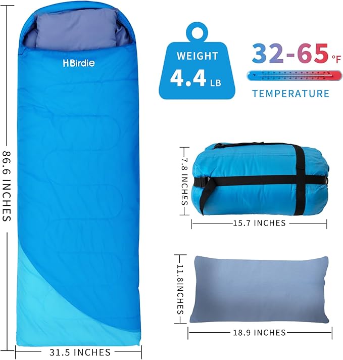 Adult Sleeping Bag with Pillow Comfortable Durable & Waterproof Lightweight for Adults Kids Spring Summer Autumn 3 Seasons Travel Camping Outdoor