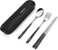 Travel cutlery set, 18/8 stainless steel cutlery, Reusable utensils set with case, Portable Silverware Lunch Box for Camping and Office (Black)