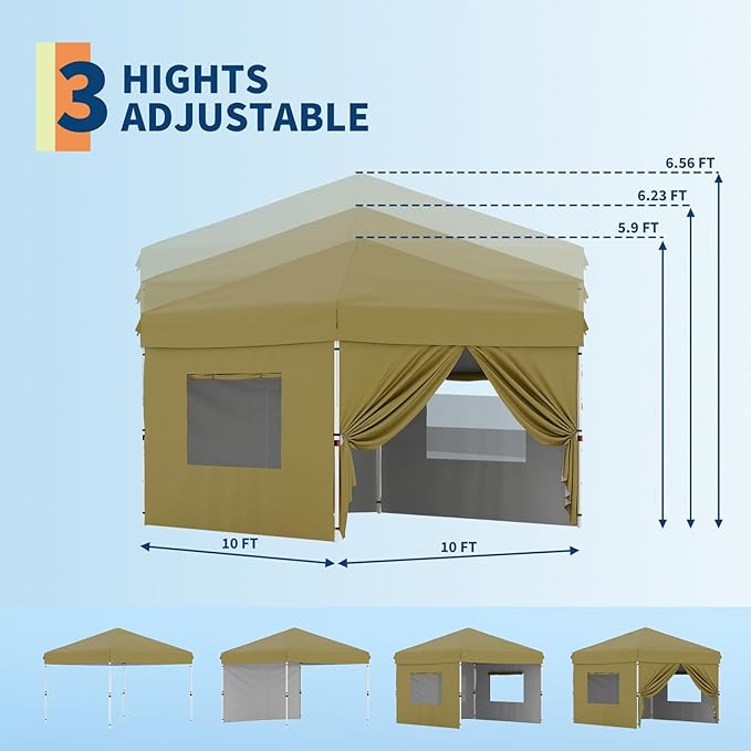 Pop-Up Canopy Tent with 4 Sidewalls – Portable Instant Commercial Canopy, Includes 4 Stakes, 4 Ropes & 4 Sandbags – Perfect for Farmers' Markets, Patio, Camping & Outdoor Events,Khaki