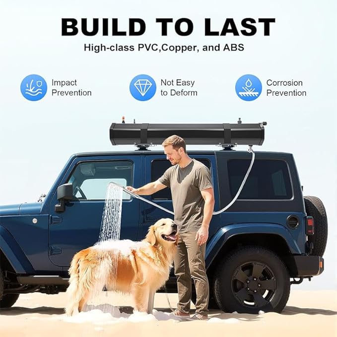 7.9Gallon Portable Camping Solar Shower, Roof Rack Mount Road Shower Pressurized Water Tank w/Storage Bag and 5.58ft Hose, Outdoor Activities Water Supply for SUVs Sedans RVs Trucks,30L/7.93Gal