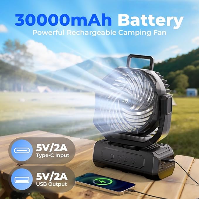 30000mAh Portable Camping Fan with RGB Lantern, Rechargeable Battery Powered Oscillating with 4 Wind Speeds LED Display, Remote Control Timer Tent Beach Cordless USB Fans for Travel Home Outdoor
