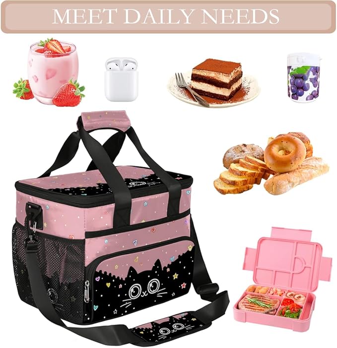 Pardick Cute Cat Black Soft Cooler Bag Insulated Lunch Box for Men & Women, Large Leakproof Lunch Bag Portable Beach Cooler for Work, Picnic, Road Trips,Fishing, Travel, Camping,A-14