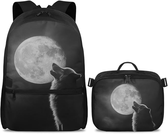 Moon Wolf Backpack for Men Cool Bookbag with Lunch Bag Large Capacity School Bag with Detachable Lunch Box for College Travel Camping Casual Book Bag