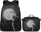 Moon Wolf Backpack for Men Cool Bookbag with Lunch Bag Large Capacity School Bag with Detachable Lunch Box for College Travel Camping Casual Book Bag
