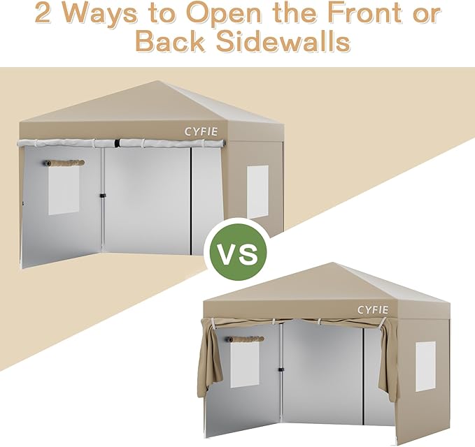 CYFIE 10'x10' Pop Up Canopy Tent with 4 Removable Sidewalls, Portable Instant Commercial Outdoor Canopy Gazebo with Stakes, Ropes, Sandbags for Outdoor Events, Beach, Camping, Vendor Events, Khaki