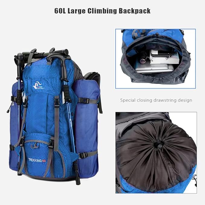 Bseash 60L Waterproof Hiking Camping Backpack with Rain Cover, Large Outdoor Sport Travel Daypack Rucksack for Climbing