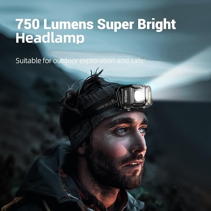 WARSUN Rechargeable Lightweight Headlamp 2 Packs – 750 Lumens Running & Helmet Light, LED Head Torch with Motion Sensor, 5 Modes, for Night Running, Fishing, Camping, Cycling, Work