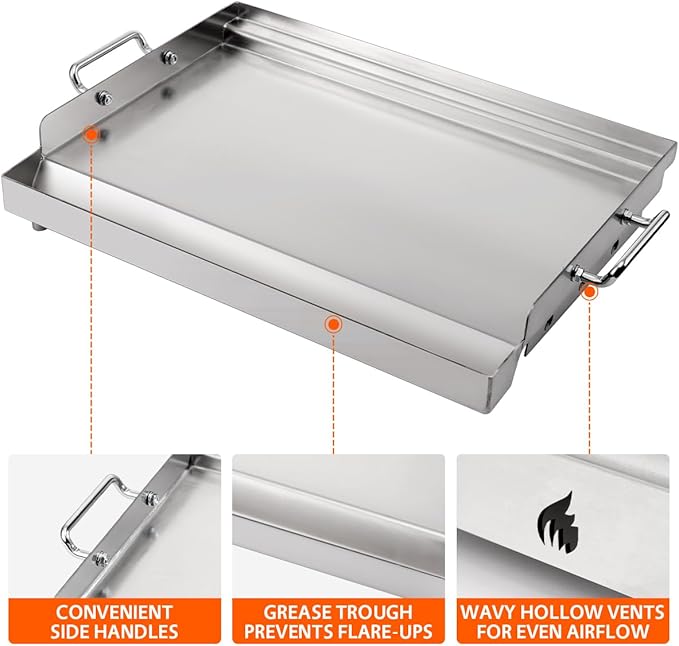 LotFun 30" x 15" Stainless Steel Cooking Griddle for Outdoor Gas Grill, Universal Griddle Flat Top Plate Insert with Grease Groove and Removable Handles for Electric/Charcoal/Gas Grill, Camping,Party