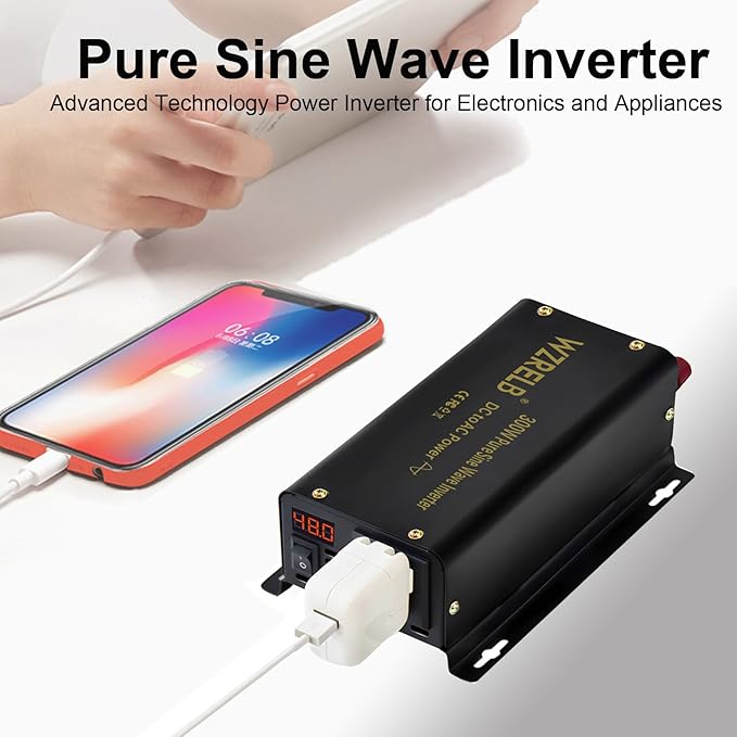 WZRELB 300W Pure Sine Wave Power Inverter 600W Peak DC 48V to 110V AC Car Adapter Off Grid with LED Display