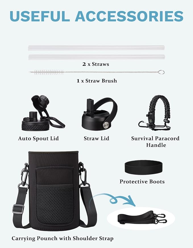 BENZZO 64/128 oz Water Bottles with Straw Auto Spout lid Keep Cold 48h,half gallon Water Jug Insulated with Carrier,Paracord Handle & Boot