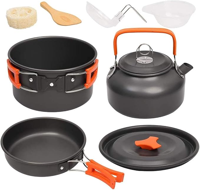 Camping Cookware Kit Outdoor Aluminum Cooking Set Water Kettle Pan Pot Travelling Hiking Picnic BBQ Tableware Equipment (Color : B)